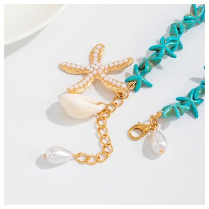Gold Starfish Shell Pearl Charm Ankle Bracelet Summer Beach Foot Jewelry - color: Blue