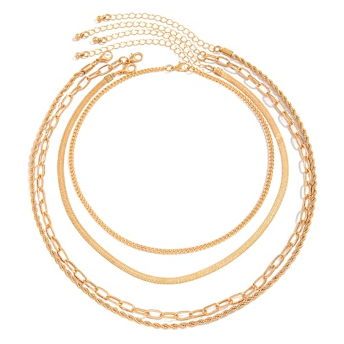 Layered Necklaces for Women, Four Piece Set with Paperclip and Snake Chains, Adjustable Lengths, Gold and Silver Tones, for Casual and Formal Styles