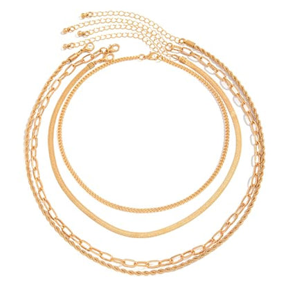 Layered Necklaces for Women, Four Piece Set with Paperclip and Snake Chains, Adjustable Lengths, Gold and Silver Tones, for Casual and Formal Styles