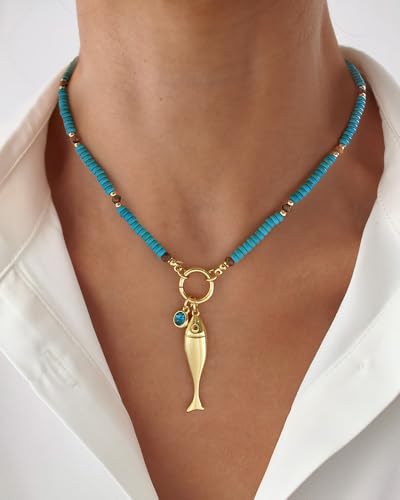 Chunky Gold Fish Pendant Necklace For Women Long Silk Scarf Turquoise Strand Necklace With Fish Pendants Boho Beach Shell Statement Necklaces - style: Blue Bead