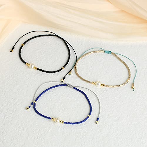 KELITCH 3 PCS Natural Pearls Bracelets Women Strand Thin Rope Friendship Bracelets Handmade Stack Charm Bracelets - color: Blue Black Grey 02H