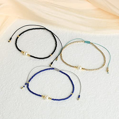 KELITCH 3 PCS Natural Pearls Bracelets Women Strand Thin Rope Friendship Bracelets Handmade Stack Charm Bracelets - color: Blue Black Grey 02H