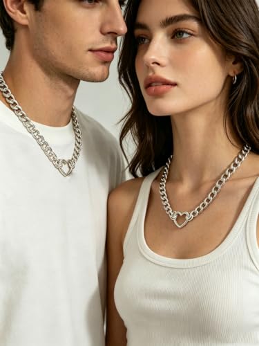 Stainless Steel O Ring Choker Necklace for Women Men Chunky Cuban Chain Collar Punk Statement Jewelry Gift for Edgy Streetwear & Aesthetic Outfits - color: Silver 1 heart