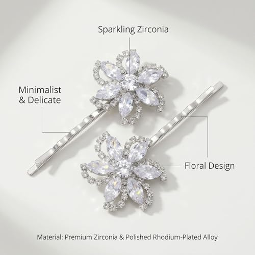 Sparkling Floral Crystal Bobby Pins for Women - Elegant Rhinestone Hair Clips with Rhodium Plated Alloy, Minimalist Flower Hair Accessories for Wedding, Party, and Daily Wear (Set of 2)