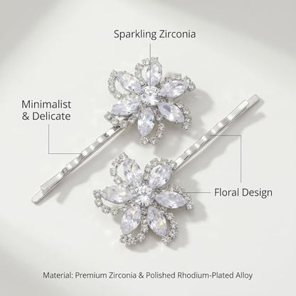 Sparkling Floral Crystal Bobby Pins for Women - Elegant Rhinestone Hair Clips with Rhodium Plated Alloy, Minimalist Flower Hair Accessories for Wedding, Party, and Daily Wear (Set of 2)