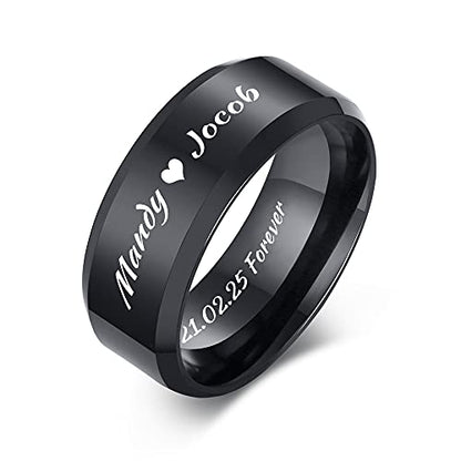 VNOX Customize Personalized Name Date Stainless Steel Simple Polished Finish Wedding Band Engagement Rings for Men Women,Size 6 - color: 8MM-Black-Customize