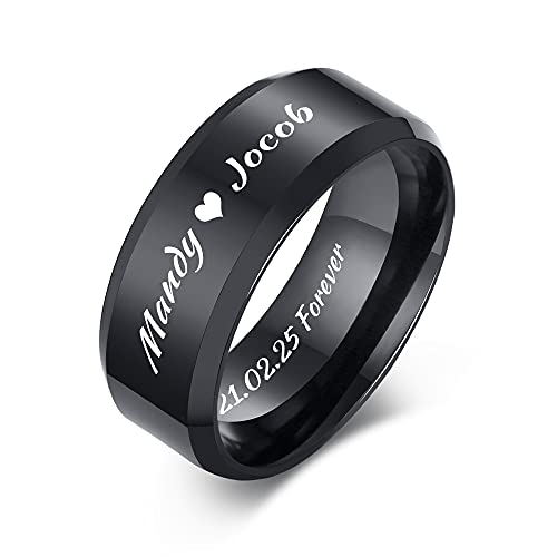 VNOX Customize Personalized Name Date Stainless Steel Simple Polished Finish Wedding Band Engagement Rings for Men Women,Size 6 - color: 8MM-Black-Customize