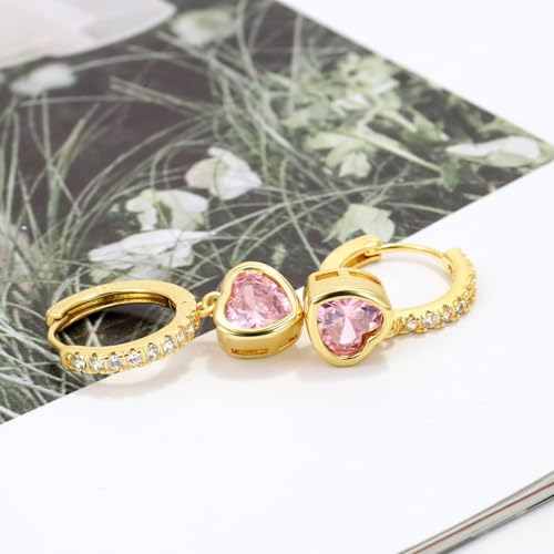 Heart Hoop Earrings with Dangle Sterling Silver Love Heart-Shaped Loop Earrings for Women Hypoallergenic Sparkle Birthstone Cubic Zirconia Hoop Earring with Dangling Charms Dainty Fashion Jewelry Gift - color: Gold-Pink