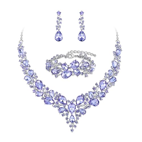 Wedding Bridal Jewelry Set for Women Bride Bridesmaids | Gorgeous Austrian Crystal Teardrop Cluster Statement Necklace Dangle Earrings Link Bracelet Set Prom Jewellery - color: 17-Light Purple Silver-Tone