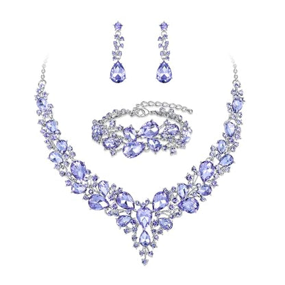 Wedding Bridal Jewelry Set for Women Bride Bridesmaids | Gorgeous Austrian Crystal Teardrop Cluster Statement Necklace Dangle Earrings Link Bracelet Set Prom Jewellery - color: 17-Light Purple Silver-Tone
