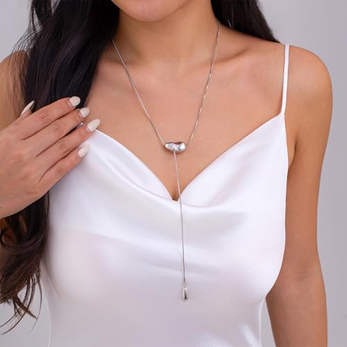Trendy Long Gold or Silver Teardrop Tassel Y Necklace, Delicate Hollow Irregular Geometric Necklaces for Women Punk Party Charm Statement Jewelry Gift - color: Silver