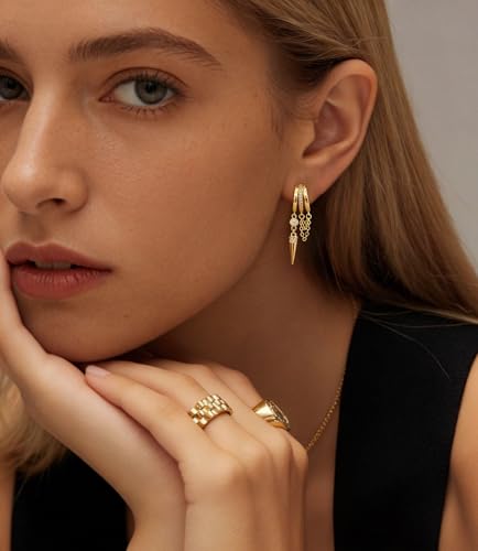 Pearl Earrings for Women Trendy, 14k Gold Plated Freshwater CZ Leaf Pearl Dangle Drop Gold Earrings Lightweight Hypoallergenic Stud Earring Bridesmaid Wedding Gold Jewelry for Women Gifts - style: cz chain earrings-3
