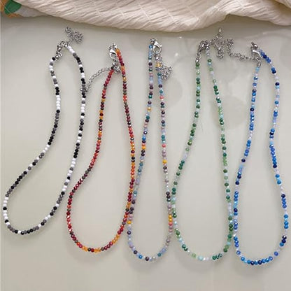 Dainty Colorful Crystal Beaded Chain Adjustable Lightweight Choker Necklace Handmade Bohemian Shiny 3mm Rice Stone Beads Necklace Boho Summer Beach Jewelry for Women - color: black