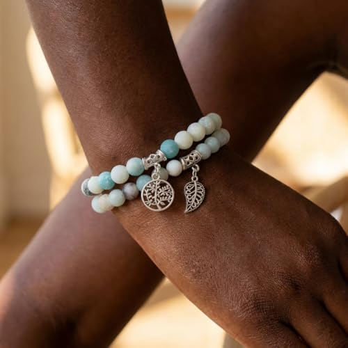 YGLINE Tree of Life Yoga Healing Stone Bracelets,Multilayer Lotus Chakra Stone Reiki Bracelet Sets,Anxiety Crystal Natural Stone,for Women Stress Relief - color: Amazonite-2w