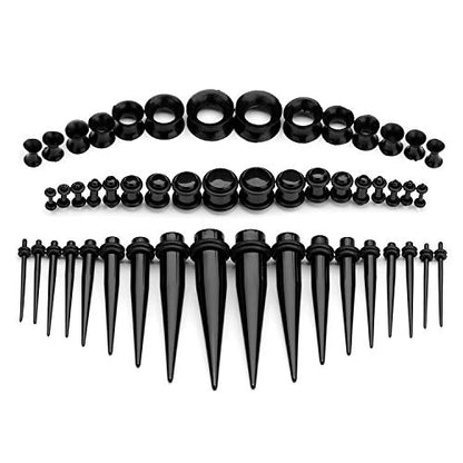 50-Piece Ear Gauges Stretching Kit, 14G-00G | Acrylic tapers and plugs with soft silicone tunnels, body piercing jewelry for women and men - color: Black 1