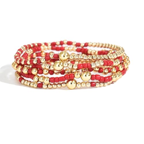 LOTSOF Bohemia Multilayer Beaded Bracelet Set, Turquoise Resin Colorful Surfer Heishi Style Elastic Spring Clasp Friendship Elastic Wristbands Summer Beach Boho Vacation Jewelry - color: Red