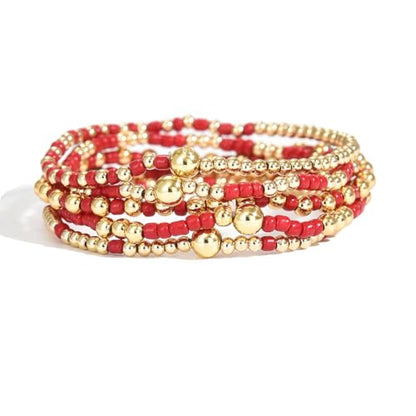 LOTSOF Bohemia Multilayer Beaded Bracelet Set, Turquoise Resin Colorful Surfer Heishi Style Elastic Spring Clasp Friendship Elastic Wristbands Summer Beach Boho Vacation Jewelry - color: Red