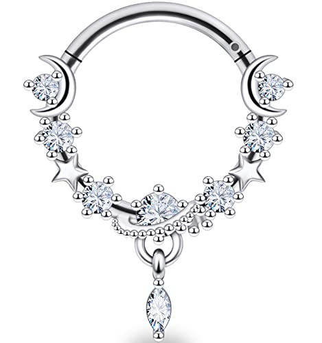 16G Dangle Elegant Septum Rings Hoop 10mm Surgical Steel Hinged Segment Septum Nose Ring Seamless Clicker Ring Cartilage Earrings Hoop Helix Tragus Piercing Jewerly - color: 16G-Dia:10mm-Silver Tone