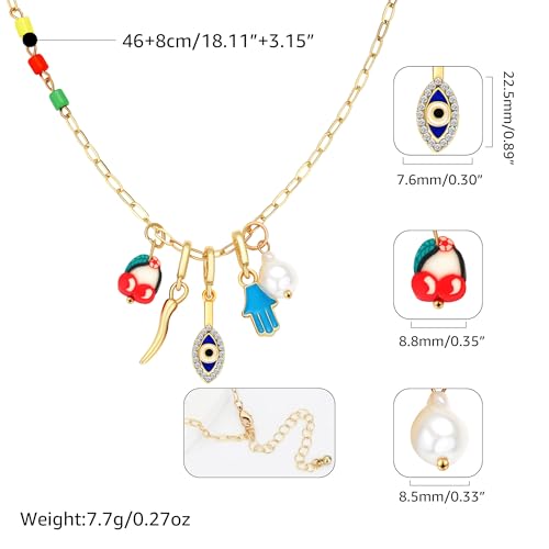 Charm Necklace for Women Gold Evil Eye Sun Moon Flower Coin Pendant Necklace Dainty Paperclip Chain Vintage Luck Amulet Choker Necklaces Celestial Jewelry Gift - style: 5 Charms-Blue Eye