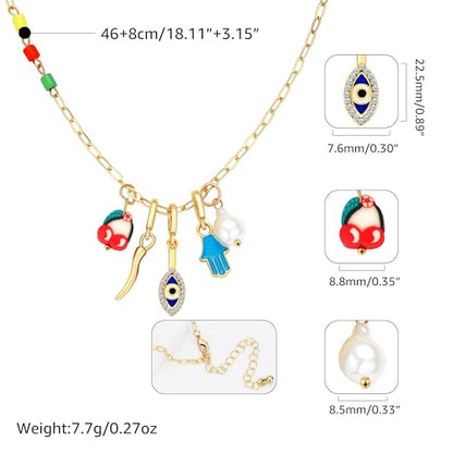 Charm Necklace for Women Gold Evil Eye Sun Moon Flower Coin Pendant Necklace Dainty Paperclip Chain Vintage Luck Amulet Choker Necklaces Celestial Jewelry Gift - style: 5 Charms-Blue Eye