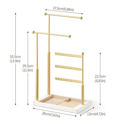 pickpiff Jewelry Organizer Holder Stand: 3 Tier Jewelry Storage Display for Necklace, Bracelet, Earring, Ring, White & Gold - color: gold & white