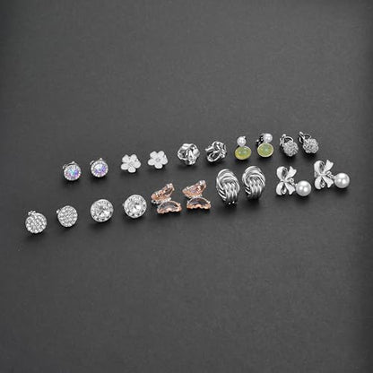 Tornito 10-15 Pairs Clip on Stud Earrings Non Pierced Teardrop Round Square CZ Pearl Twist Knot Flower Butterfly Heart Star Rainbow Cat Opal Clip on Earrings for Women - color: J:10 Pairs Silver Tone