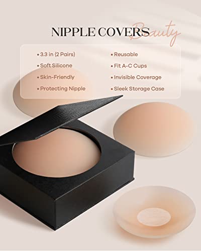 BearKig 2-Pairs Nipple Cover, Nipple Pasties for Women, Pasties Nipple Covers, Nipple Covers for Women Reusable, Nipple Cover with Travel Box(Nude)