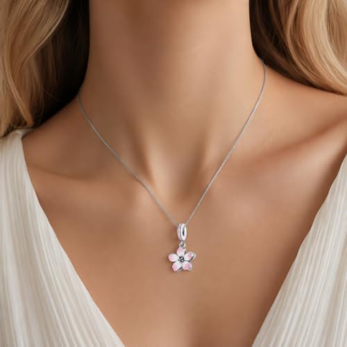 925 Sterling Silver Dainty Necklaces for Women Pendant Jewelry Gift for Her | Hypoallergenic Ocean Animal Love Cherry Blossom Jewelry, Ideal Valentine Birthday Christmas Graduation Gift for Wife Mom - color: Pink Cherry Blossom