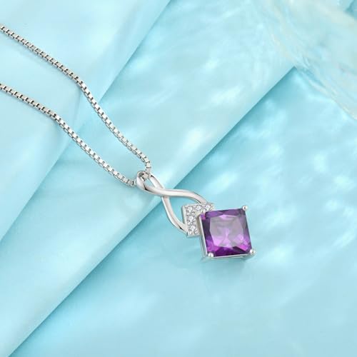 Infinity Necklace 925 Sterling Silver Princess Cut Pendant Birthstone Jewelry for Women - color: Purple