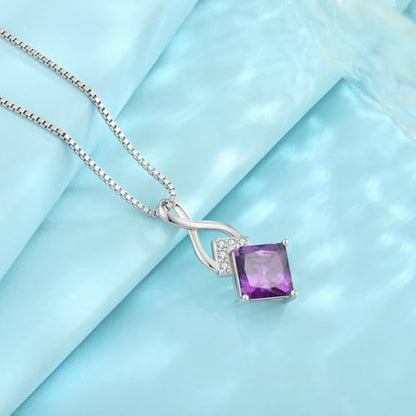 Infinity Necklace 925 Sterling Silver Princess Cut Pendant Birthstone Jewelry for Women - color: Purple