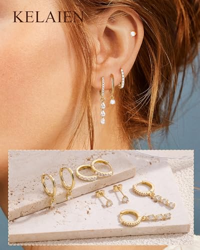 Gold Silver Earrings for Women Trendy 14K Gold Plated Dangle Hypoallergenic Cartilage Earrings Small 925 Sterling Silver Post Dainty Hoop Drop Pearl Earring Stacks Set Huggie Chain Earrings Jewelry - color: B-Hypoallergenic Earrings-Gold