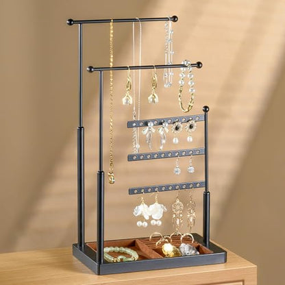 pickpiff Jewelry Organizer Holder Stand: 3 Tier Jewelry Storage Display for Necklace, Bracelet, Earring, Ring, Black & Brown - color: black & brown