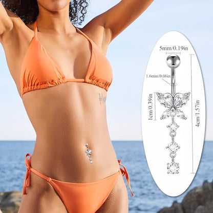 MEDOJO 7Pcs Belly Button Ring Pink Surgical Stainless Steel Belly Ring Bow Butterfly Heart Flower Navel Ring Belly Piercing for Women - color: Silver