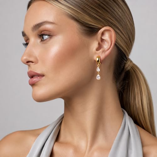 Gold Dangle Earrings for Women 14K Gold Plated Chunky Huggie Hoops Drop Earring Trendy Cubic Zirconia Diamond Crystal Round Teardrop Heart Charm Hypoallergenic Statement Jewelry Gifts - color: gold-teardrop CZ