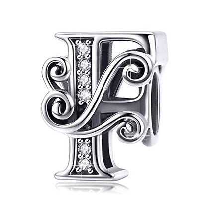 BISAER 925 Sterling Silver Initial Letter A-Z Charms for Bracelets Alphabet Beads Charm Jewelry Gifts - color: Letter F