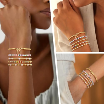 Turandoss 5PCS 14K Gold Plated Beaded Stretch Bracelets Set for Women | Stacked Bow Cross Wave Knot Pearl Beads Bracelet Set, Waterproof 7 Inch Stretch Elastic, Summer Jewelry Gifts for Women Girls - color: 5PCS Bow Beaded Bracelets