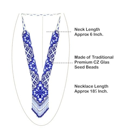 Long Beaded Necklace – Boho Native Handmade Seed Bead Tassel Necklace, Bohemian Large Statement Beaded Necklace for Women - color: Royal Blue White