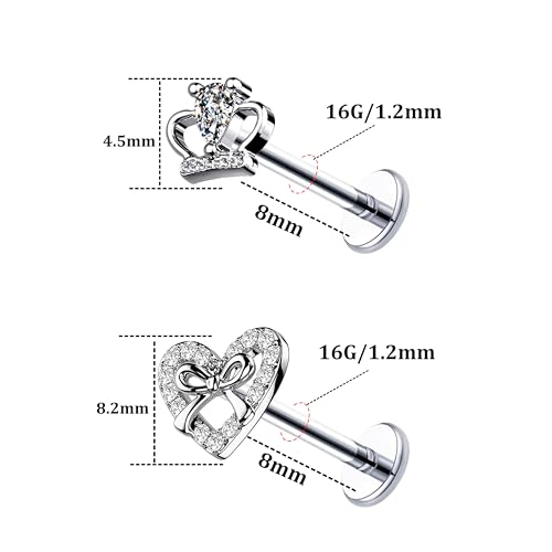 VERAMI 16G Surgical Steel Pushin Lip Rings Butterfly Flower Bee Nose Stud Rings Top Push in Threadless Flat Back Nose Rings Studs Cartilage Earrings for Womens - color: Silver-Crown Heart