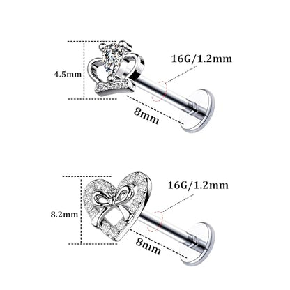 VERAMI 16G Surgical Steel Pushin Lip Rings Butterfly Flower Bee Nose Stud Rings Top Push in Threadless Flat Back Nose Rings Studs Cartilage Earrings for Womens - color: Silver-Crown Heart