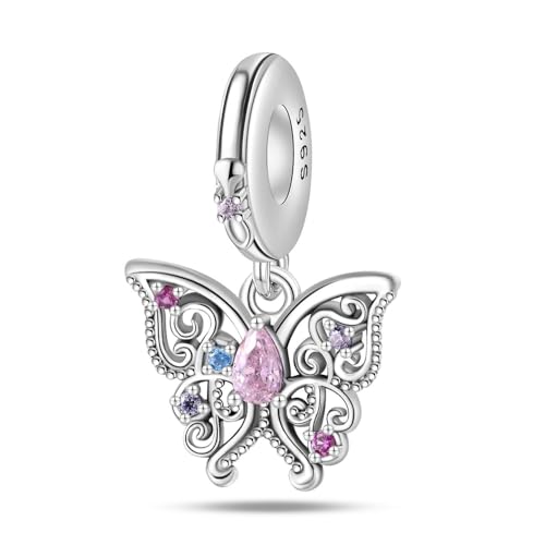 925 Sterling Silver Charms for Bracelets and Necklaces Beads Charms Jewelry Gift for Women - color: Pink Butterfly Charm