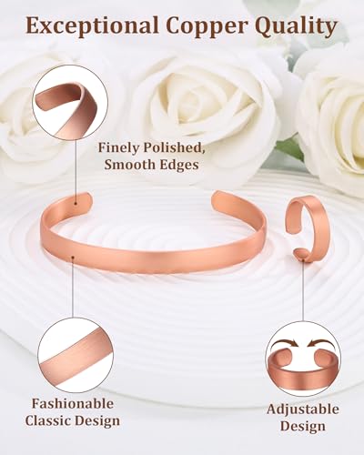 BioMag Pure Copper Bracelet & Ring for Women Men, 99.99% Solid Handmade Copper Cuff Bangle, Adjustable Jewelry Gift with Gift Box - color: Rose Gold (Matte)