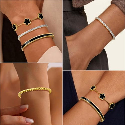 MOINSPIRE Gold Bracelets for Women, 18K Gold Plated Tennis Nail Clover love Bangle Bracelets Set Non Tarnish, Stainless Steel Trendy Stackable Bracelet Fashion Jewelry Accessories Gifts for Christmas - color: B2-Black