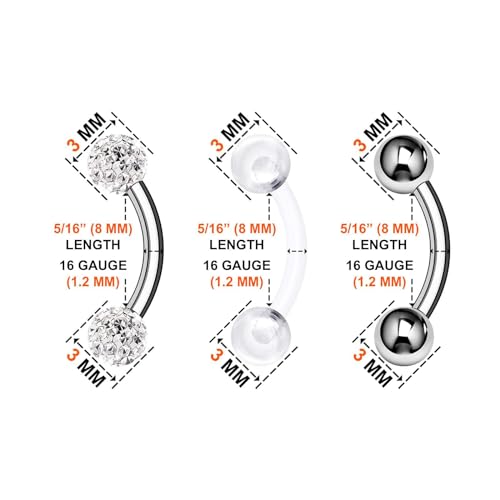 Surgical Steel Curved Barbell Ring 16g 5/16 8mm 3mm Ferido Ball Helix Earring Eyebrow Piercing Jewelry Choose Colors and Size - color: M-6pcs-Clear-16g-5/16"(8mm)-3mmBall