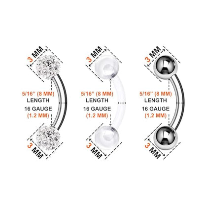 Surgical Steel Curved Barbell Ring 16g 5/16 8mm 3mm Ferido Ball Helix Earring Eyebrow Piercing Jewelry Choose Colors and Size - color: M-6pcs-Clear-16g-5/16"(8mm)-3mmBall