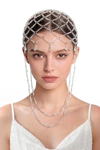 BABEYOND 1920s Vintage Crystal Beaded Headpiece, Decorative Hair Jewelry with Tassels & Crystals for Costumes(Silver) - color: Silver