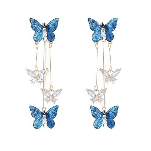 Purple Butterfly Tassel Earrings for Women Crystal Rhinestone Drop Earrings Animal Drop Dangle Charm Earrings - color: C-Deep Blue
