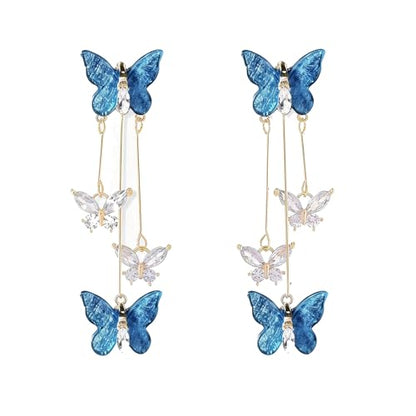 Purple Butterfly Tassel Earrings for Women Crystal Rhinestone Drop Earrings Animal Drop Dangle Charm Earrings - color: C-Deep Blue
