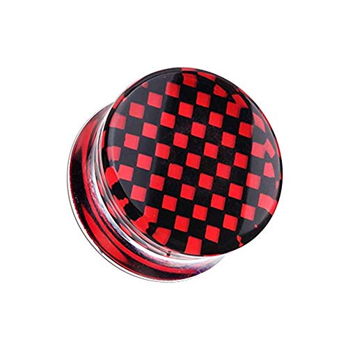 Classic Checker Inlay Double Flared Ear Gauge Plug - style: 0 GA (8mm), Red