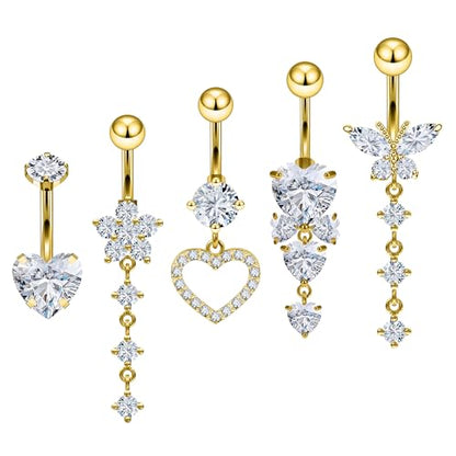 Vsnnsns 14G Dangle Belly Button Ring Piercing Jewelry 316L Stainless Surgical Steel Snake Heart Butterfly Flower Diamond CZ Navel Rings Dangling Belly Button Ring Piercing Jewelry for Women 14 Gauge - color: Gold-Clear CZ