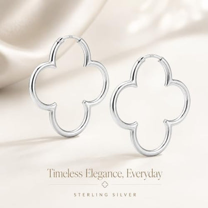 LeCalla 925 Sterling Silver Clover Hoop Earrings for Women | Lightweight Endless Clover Flower Shaped Earrings | Quatrefoil Open Hoop Earring Jewelry Gifts for Women - color: Clover Hoop - Silver 33MM(Medium)